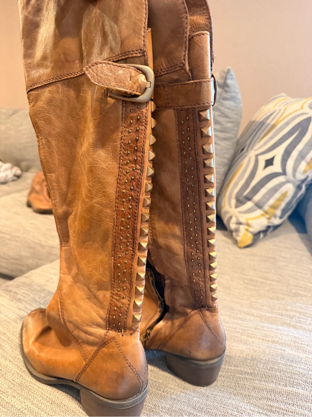 Vince Camuto Karita Cognac Leather Studded Over The Knee Riding Boots size 8.5